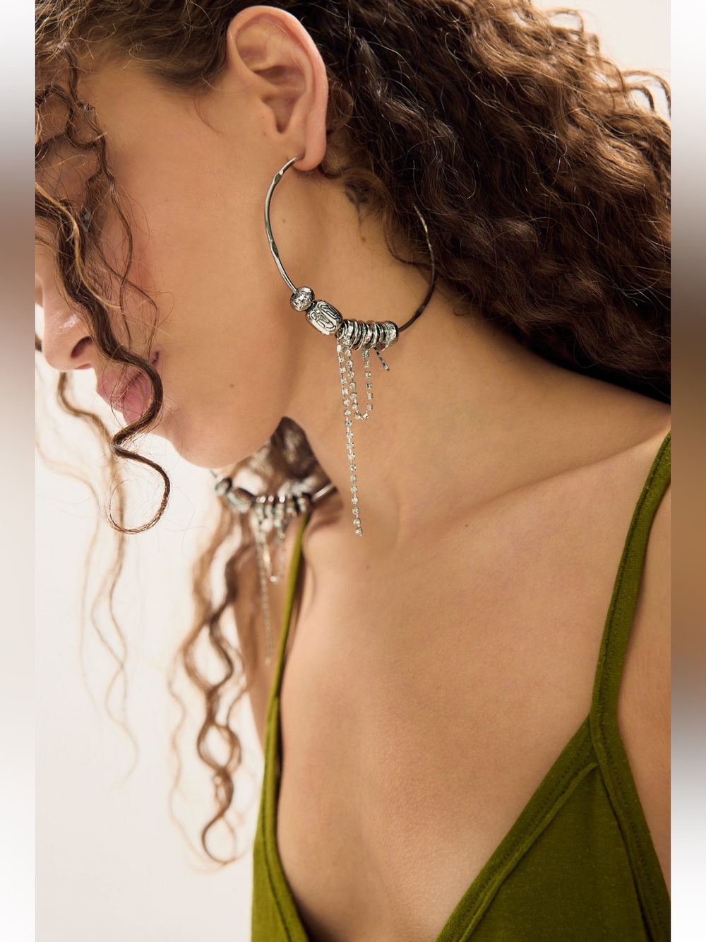 Free people silver turquoise flume Hoop Earrings beads Chain Tassel large